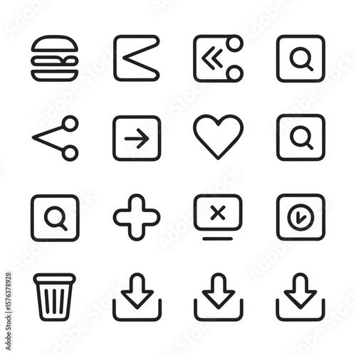 A versatile set of sixteen black and white outline icons for user interface design, including a burger, search, and download symbols