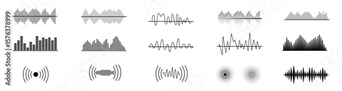Flat line sound wave icons set with vibration, audio signal, waveform frequency graphics, ideal for music app interface and abstract audio design