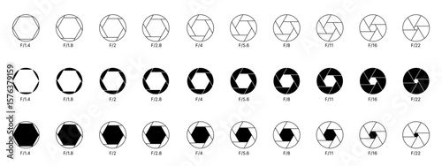 Camera aperture icon collection showing lens diaphragm with numeric values, shutter blades illustration in modern vector style