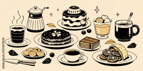 Collection of delicious desserts and hot beverages in a charming hand drawn style