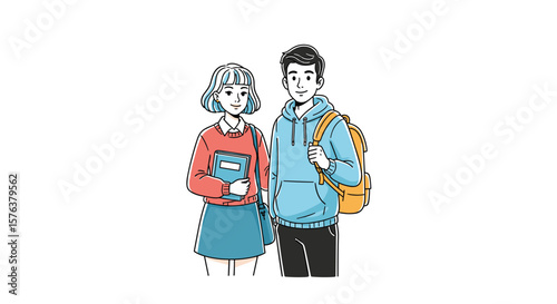 An illustrated depiction of a young couple standing side by side with a backpack and a stuffed animal emblematic of youthful companionship and affectionate bonds