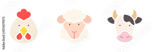 Farm animals icon set. Rooster, sheep, cow animal icons. Animal color fill symbol. Vector illustration. Editable stroke. Flat design. Isolated on a transparent png background.