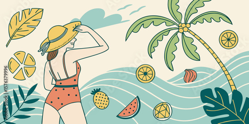 Woman in swimsuit and straw hat enjoying a sunny day at the beach with tropical fruits