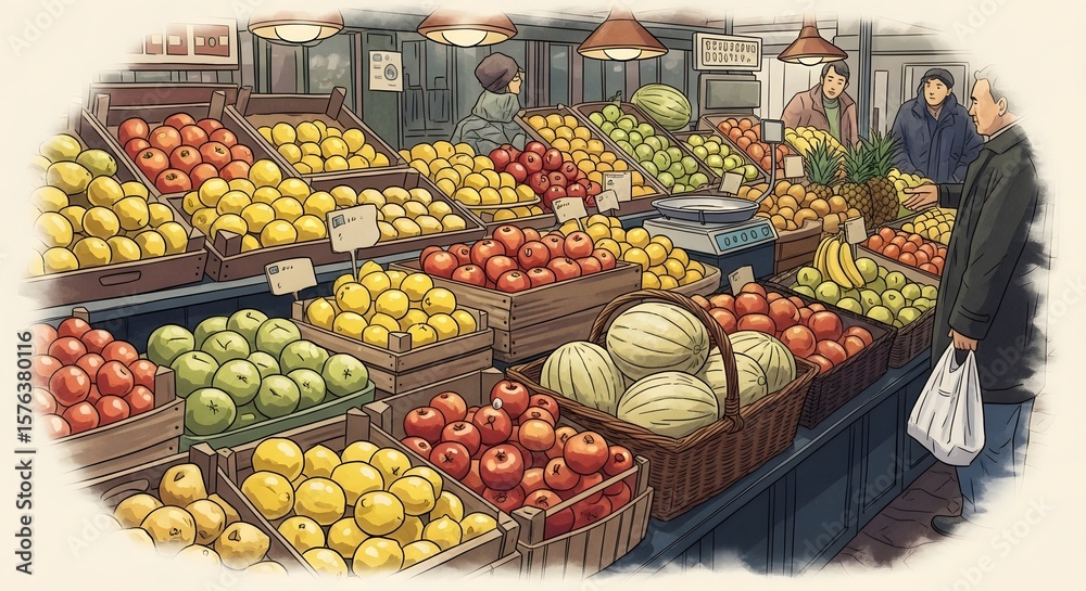 Obraz premium Illustration of a colorful fruit market with customers and various produce