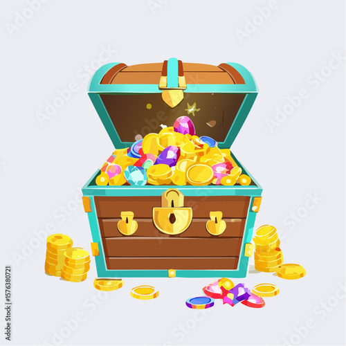 Treasure chests filled with gold coins and gemstones in a digital illustration