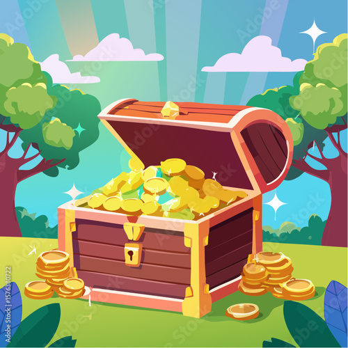 Treasure chests filled with gold coins and gemstones in a digital illustration