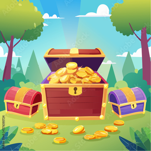 Treasure chests filled with gold coins and gemstones in a digital illustration