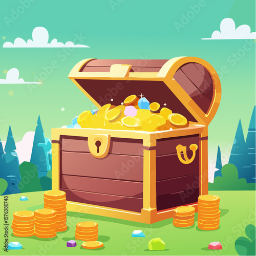Treasure chests filled with gold coins and gemstones in a digital illustration