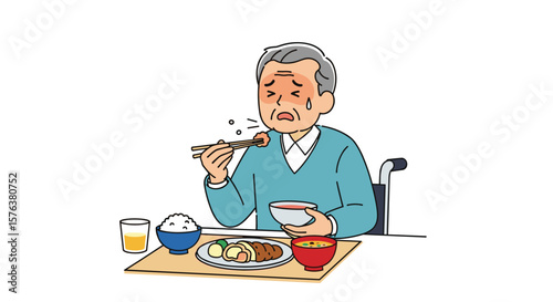 Elderly man struggling to eat his meal while sitting in a wheelchair feeling unwell with flushed face and sweating heavily