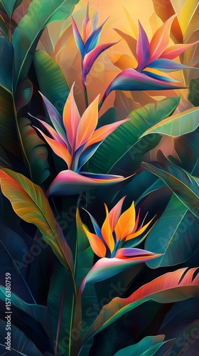 Bird of paradise flowers with green leaves in a colorful artistic illustration.