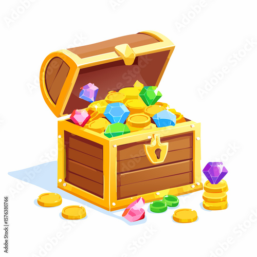 Treasure chests filled with gold coins and gemstones in a digital illustration
