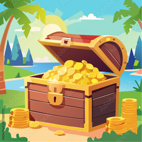 Treasure chests filled with gold coins and gemstones in a digital illustration