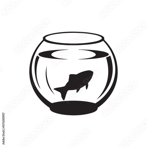 Black Silhouette Fish in a Round Glass Bowl Illustration