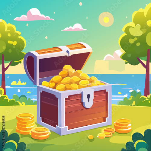 Treasure chests filled with gold coins and gemstones in a digital illustration
