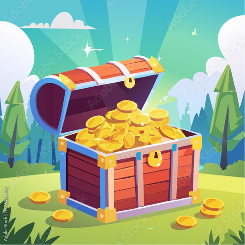 Treasure chests filled with gold coins and gemstones in a digital illustration