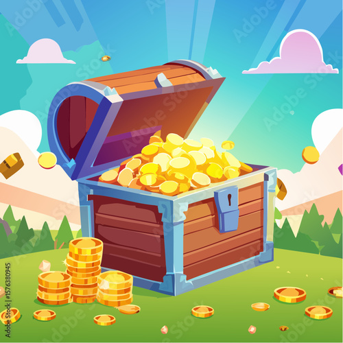 Treasure chests filled with gold coins and gemstones in a digital illustration