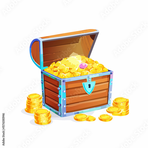 Treasure chests filled with gold coins and gemstones in a digital illustration
