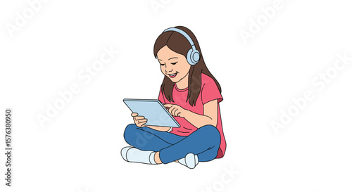 Young girl listening to music and enjoying content on a digital tablet while sitting cross legged