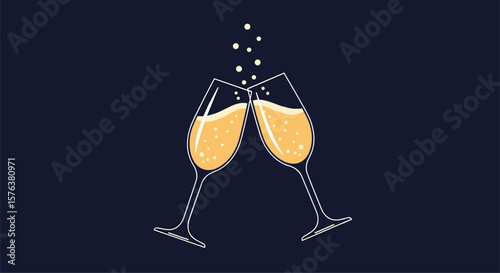 Celebration toast with bubbles in elegant champagne flutes on a dark blue background