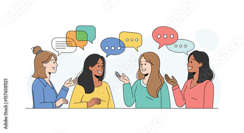Four diverse women engaging in conversation with speech bubbles above their heads illustrating communication and ideas being shared
