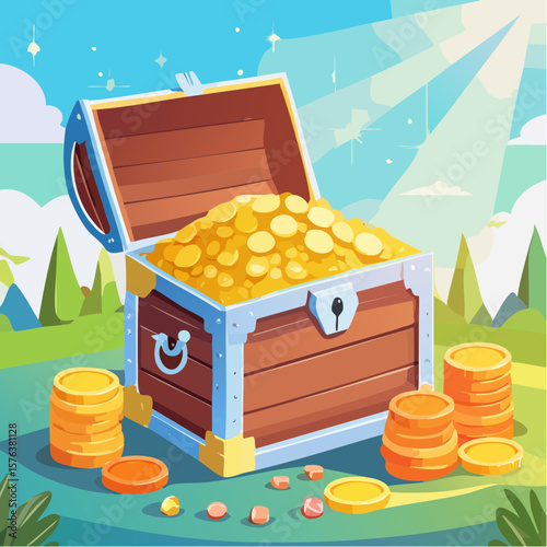 Treasure chests filled with gold coins and gemstones in a digital illustration