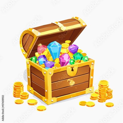 Treasure chests filled with gold coins and gemstones in a digital illustration
