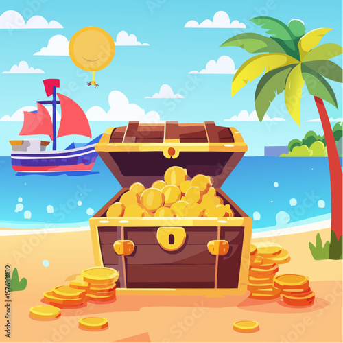 Treasure chests filled with gold coins and gemstones in a digital illustration