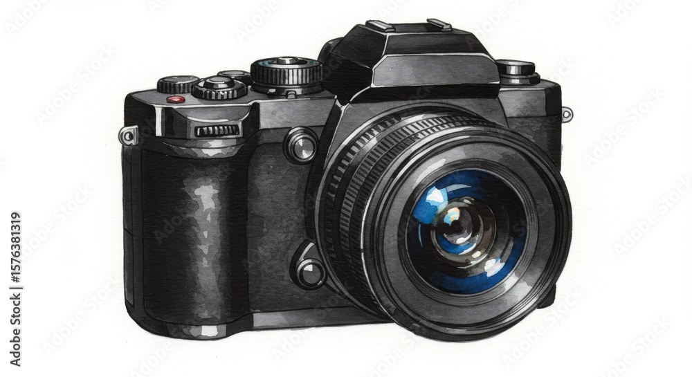 Fototapeta premium Black Camera with Blue Lens - Professional , precision optics, capture, technology, creative expression