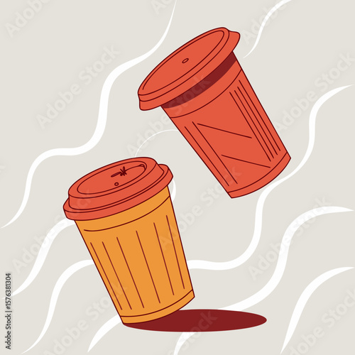 Vector illustration of two disposable coffee cups, one orange and one red, floating against a light gray background with abstract white wave lines.
