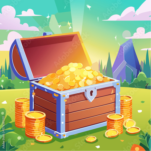 Treasure chests filled with gold coins and gemstones in a digital illustration