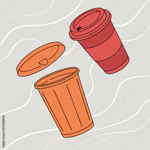 Vector illustration of two disposable coffee cups, one orange and one red, floating against a light gray background with abstract white wave lines.