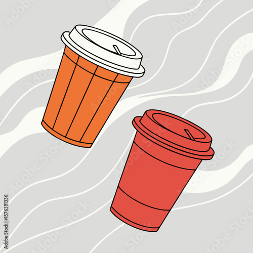 Vector illustration of two disposable coffee cups, one orange and one red, floating against a light gray background with abstract white wave lines.