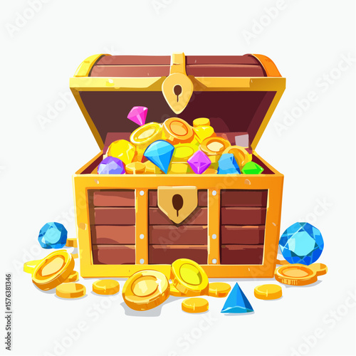 Treasure chests filled with gold coins and gemstones in a digital illustration