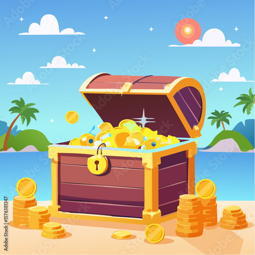 Treasure chests filled with gold coins and gemstones in a digital illustration
