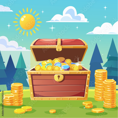Treasure chests filled with gold coins and gemstones in a digital illustration