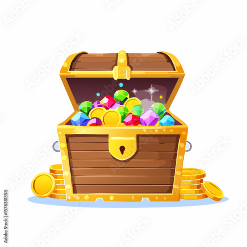 Treasure chests filled with gold coins and gemstones in a digital illustration