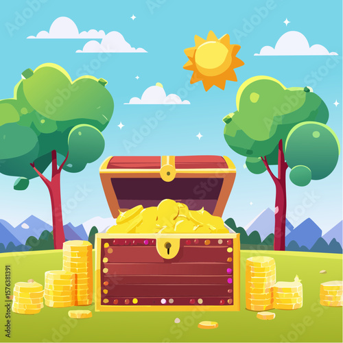 Treasure chests filled with gold coins and gemstones in a digital illustration