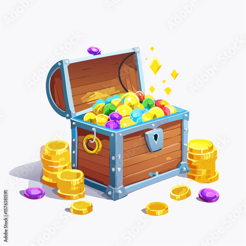 Treasure chests filled with gold coins and gemstones in a digital illustration