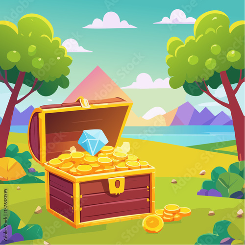 Treasure chests filled with gold coins and gemstones in a digital illustration