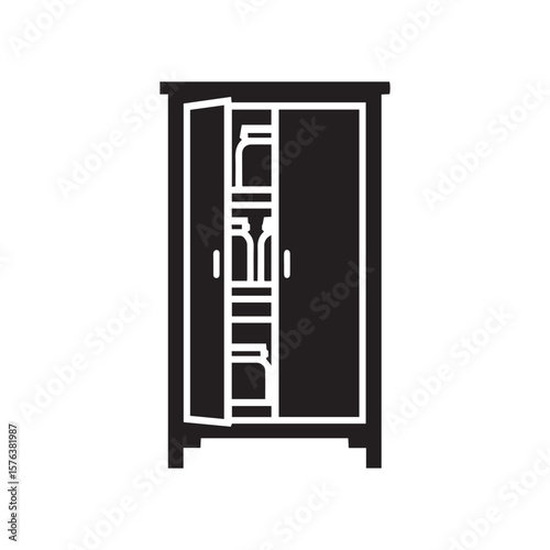 Black Silhouette of an Open Cabinet or Wardrobe with Bottles and Cans