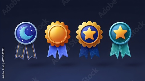 Set of Four Distinctive Colorful Awards and Badges with Ribbons on a Dark Background
