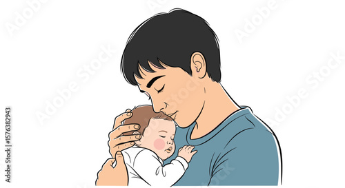 Loving father cradles his sleeping baby in a tender embrace showing deep paternal bond and family affection