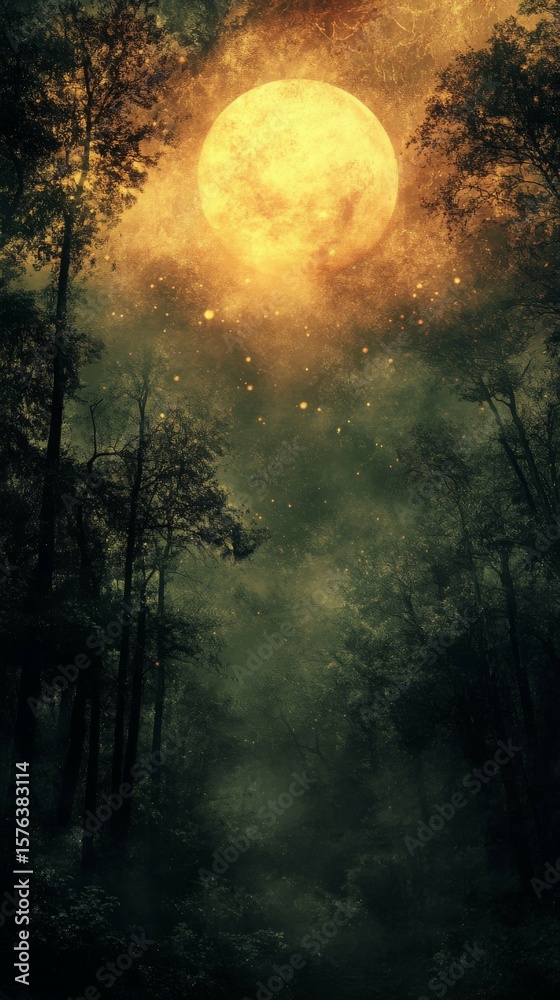 Fototapeta premium Forest Under Full Moon Glowing in the Night Sky