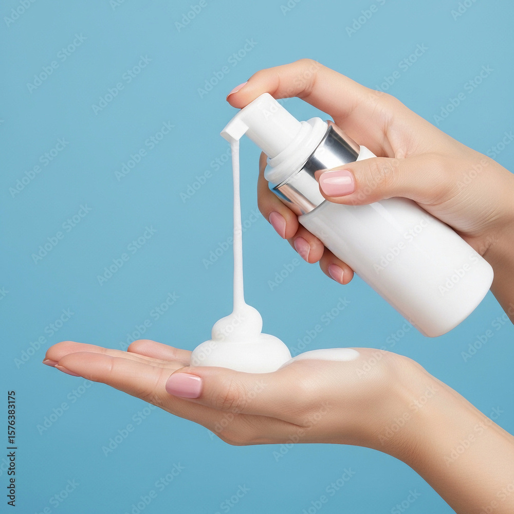 Fototapeta premium Hand Dispensing White Foam Cleanser on Blue Background