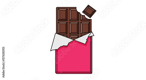 Delicious dark chocolate bar with a bite taken out of it resting in a bright pink wrapper