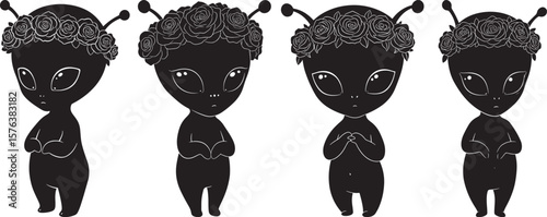 Cute Alien Wearing Rose Crown Cartoon Character silhouette
