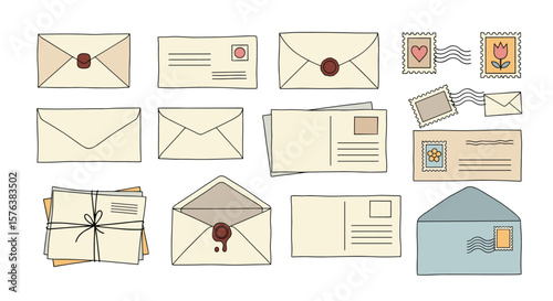 Collection of vintage and antique envelopes and postage stamps for communication and correspondence