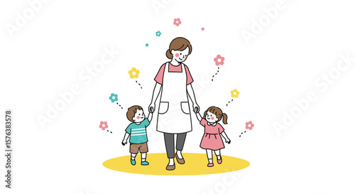 A gentle nanny holding hands with two adorable children on a sunny day enjoying outdoor activities together