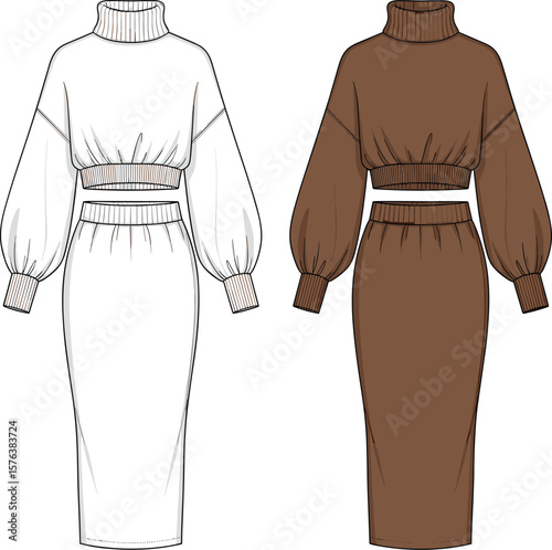 Chic High-Neck Sweater Dress: Elegant Cropped Top with Pencil Skirt for Sophisticated Style