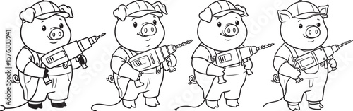 Cute Pig Carrying Hand Drill Machine Cartoon silhouette